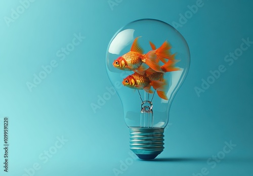The surreal imagery blue tone of goldfish in a glowing bulb highlights an artistic fusion of life and innovation.