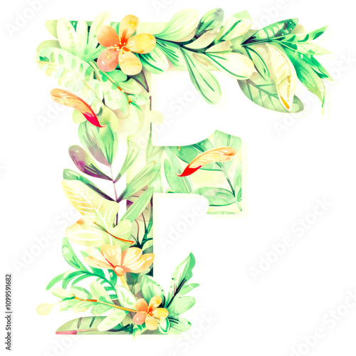 Watercolor Alphabet Letter F with Leaves and Flowers. Initial Monogram F Painted in Watercolour Isolated on White. Summer Ornament. Exotic Floral ABC Card. Birthday, Vintage Wedding Poster Font. photo