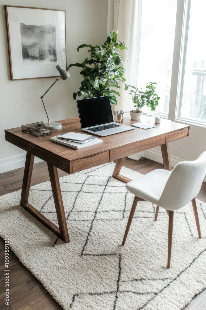 Fototapeta premium A stylish home office featuring a wooden desk, modern chair, laptop, and indoor plants, illuminated by natural light.