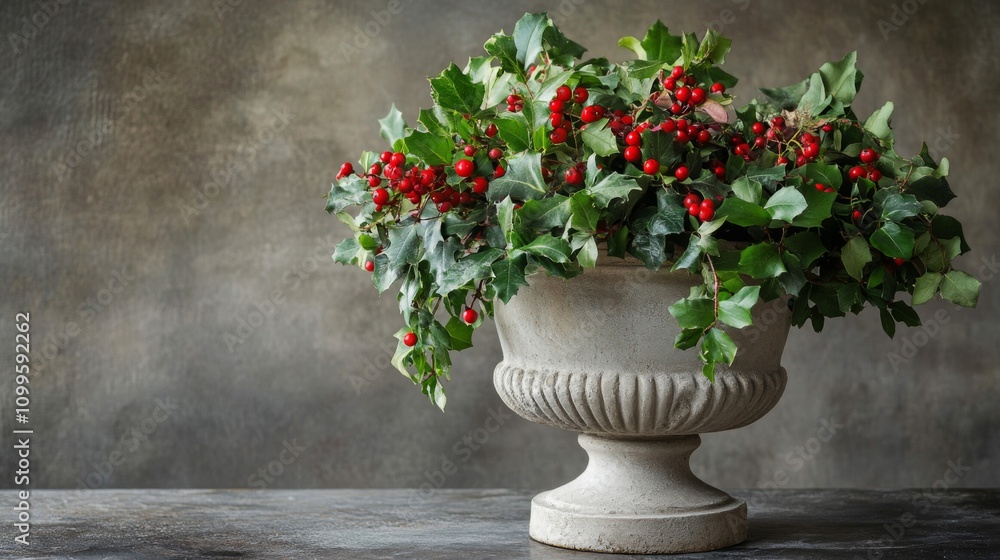 Fototapeta premium Holly Berries in an Ornate Stone Planter