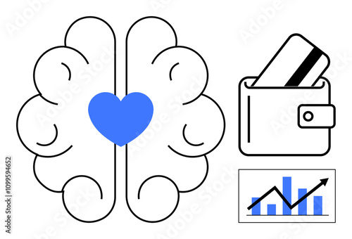 Brain with blue heart center, wallet holding credit card, and graphical chart with upward trend. Ideal for finance management, mental health, emotional intelligence, business strategy, economic