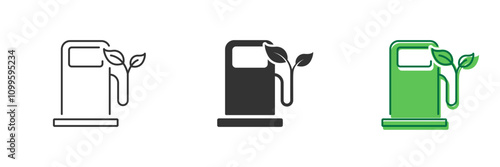 Eco Fuel Pump Line and Silhouette Icon Set. Bio Organic Green Energy in Gasoline Station Icon. Power Station with Ecology Diesel Pictogram. Editable Stroke. Isolated Vector Illustration