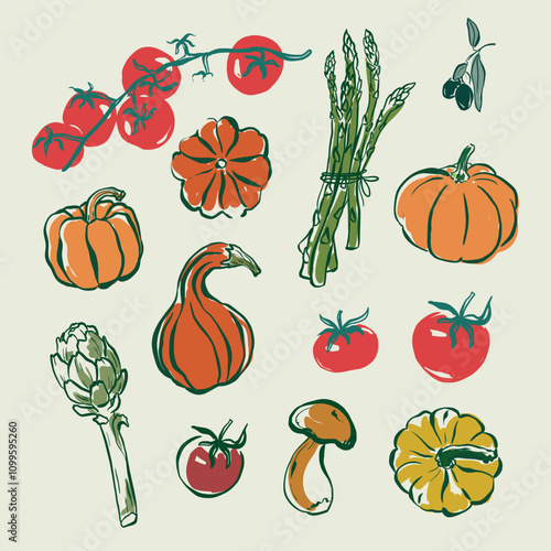 Vector composition of Mediterranean vegetables. Hand-drawn vintage doodle set with mushroom, tomato, artichoke, pumpkin and olive. Tasty food for design, print, fabric or background.
