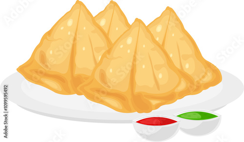 Indian Snack Samosa With Tomato And Coriander Chutney Vector Illustration Stock Image