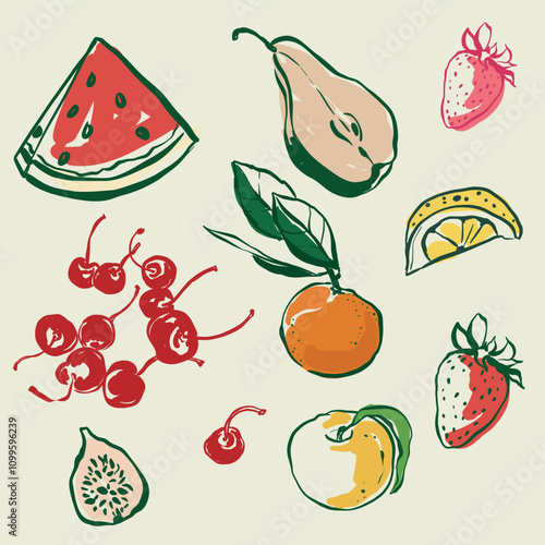 Vector composition of Mediterranean fruits. Hand-drawn vintage doodle set with watermelon, pear, cherry, strawberry, orange, lemon and fig. Tasty food for design, print, fabric or background.