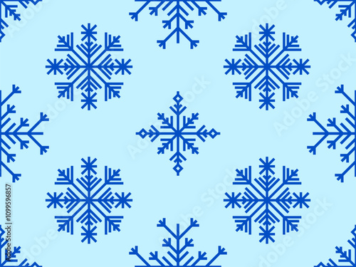 Snowflakes seamless pattern. Winter background with geometric snowflakes of different shapes. Christmas and New Year design for wrapper, banner, and poster. Vector illustration