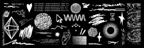 Graphic pixel shape asset pack. Trendy white bitmap geometric element for sticker, poster, collage, design template. Vector elements on transparent background like a png.