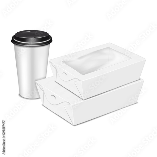 Takeout food packaging set. 3d mockup. White blank paper takeaway coffee cup with black plastic lid, paperboard box containers. Realistic vector mock-up. Take out lunch package. Template for design