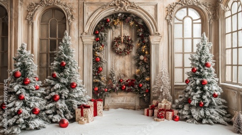 Elegant Christmas Room Decorated With Snow Covered Trees And Red Ornaments
