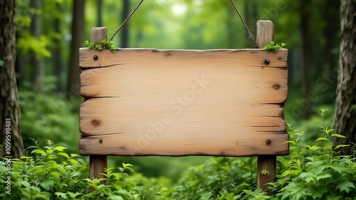 Vintage Wooden Signboard in Lush Green Forest Background - best for mockup photo