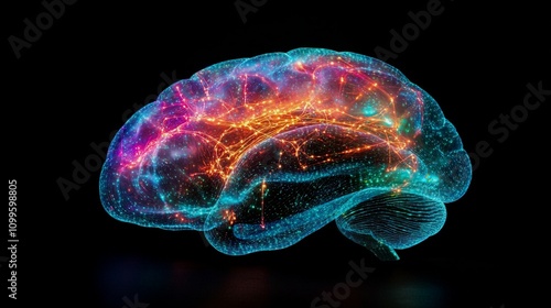 Human brain illuminated with colorful neon lights, symbolizing neural networks, artificial intelligence, and digital connections photo