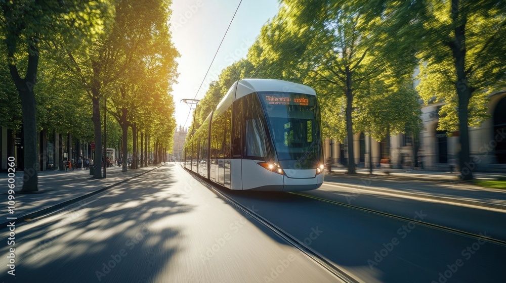 Obraz premium Modern trams move along tree-lined city streets, representing efficient and sustainable transportation.