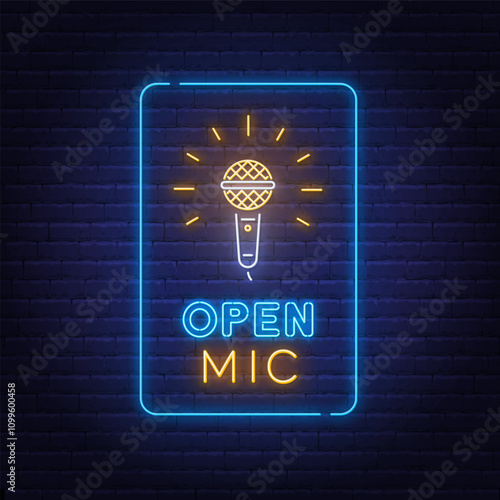 Open Mic Neon Sign on brick wall background. Light poster for a standup show