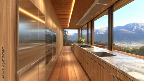 Wallpaper Mural A modern kitchen features sleek stainless steel appliances, warm wooden cabinetry, and large windows showcasing a stunning mountain view, ideal for interior design, architecture Torontodigital.ca