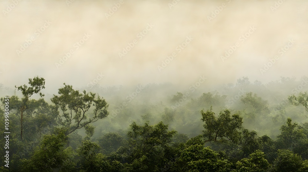 Fototapeta premium Misty Forest Canopy Lush Green Trees