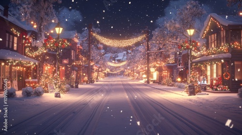 Festive Christmas Street Snowfall Winter Village Scene