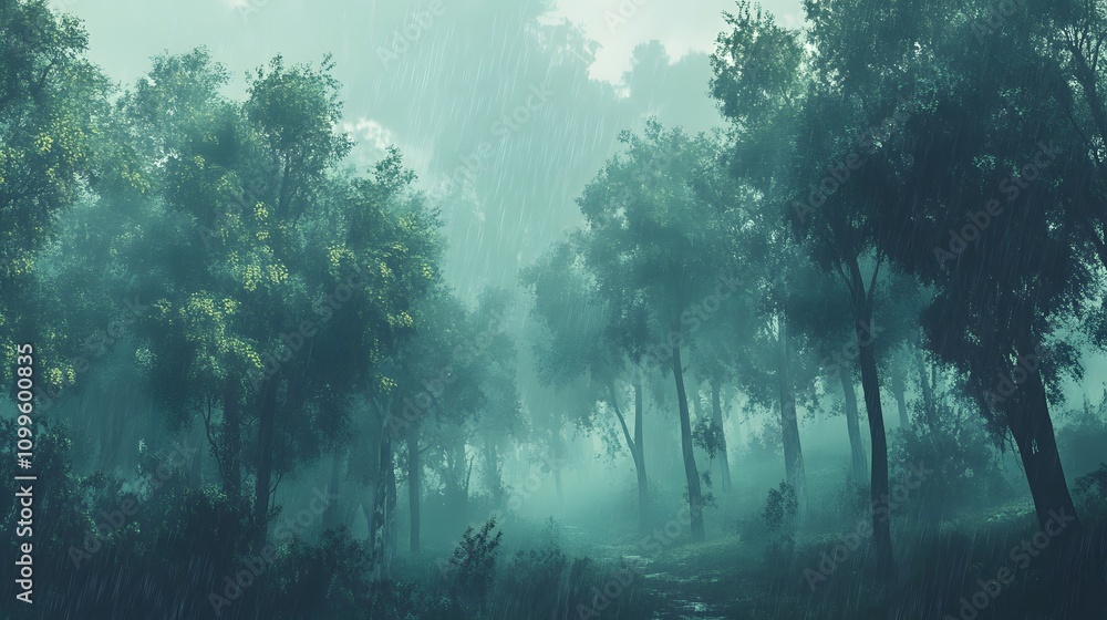 Obraz premium Rain Falling on a Misty Forest Path
