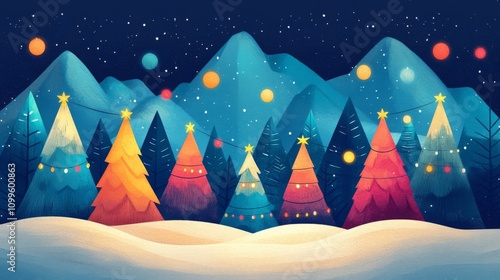 Festive Christmas Trees Adorn Snowy Mountain Landscape