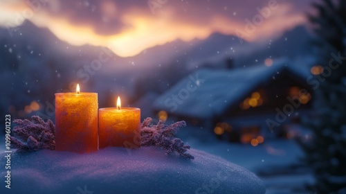 Two Candles Glow in Snowy Winter Landscape