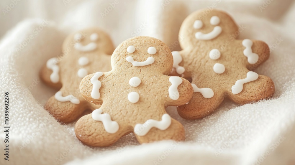 Fototapeta premium Three Gingerbread Men Cookies Resting On Soft Fabric