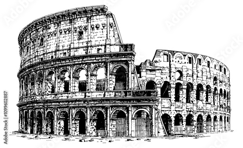Colosseum Detailed Vintage Engraving Illustration White Background with Intricate Texture Classic Architectural Art Antique Style Iconic Landmark Graphic Vintage Historical Design