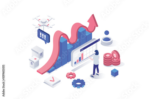 Crisis management 3d isometric concept in geometry graphic design for web. People making financial analysis, control and minimize finance problems, choosing efficiency strategy. Vector illustration.