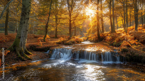A magical forest scene in the New Forest during autumn, showcasing tall trees with rich red and gold leaves, and a path covered in fallen leaves.