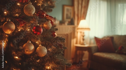 Decorated Christmas Tree In Cozy Living Room Setting