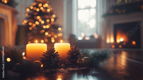 Festive candles glow softly near a Christmas tree