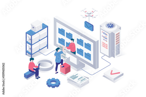 Electronic organization files 3d isometric concept in geometry graphic design for web. People managing digital documents in folders and interacting catalog at computer screen. Vector illustration.