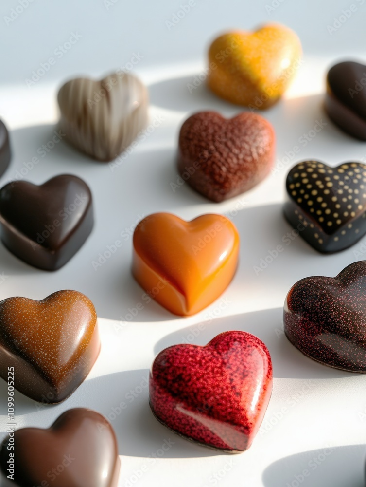 Obraz premium Assorted chocolate candies in the shape of a heart on a light isolated background. craft chocolates for valentines day.
