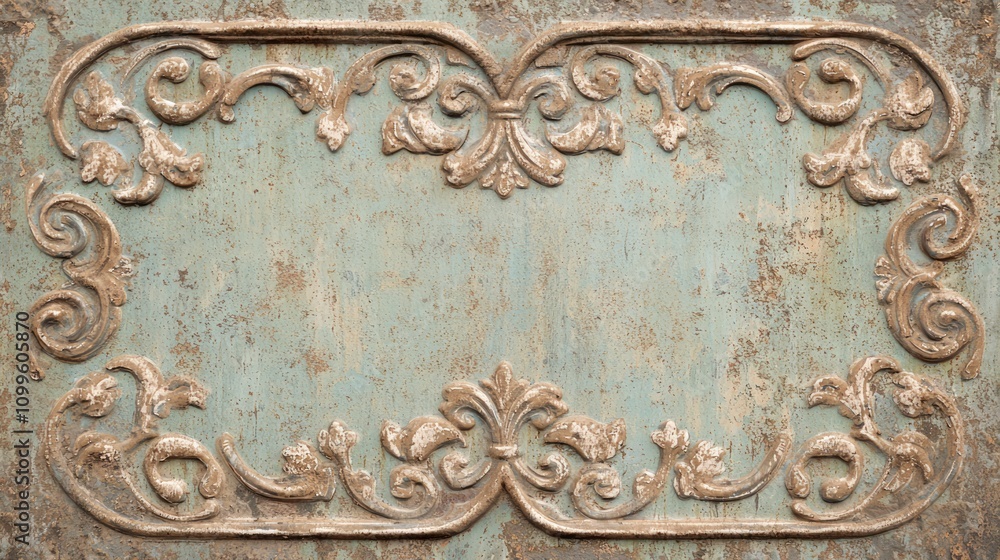 Obraz premium Vintage Metal Sign with Weathered Texture and Ornate Patterns for Nostalgic Themes | High-Resolution Detailed Image