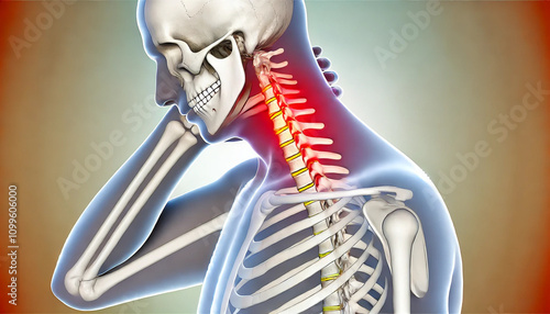 Human body with a highlighted neck skeleton, depicting pain in the neck caused by conditions like cervical spondylosis, herniated disc, and muscle strain. Generative AI illustration.