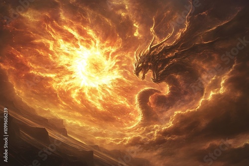 Fantasy Inspired Solar Flare Scene with Fiery Dragon Emerging from the Sun s Surface photo