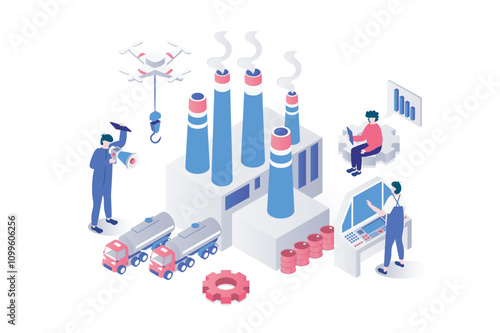 Industrial production 3d isometric concept in geometry graphic design for web. People work at factory infrastructure with chimney pipes, using trucks for transportation logistic. Vector illustration.