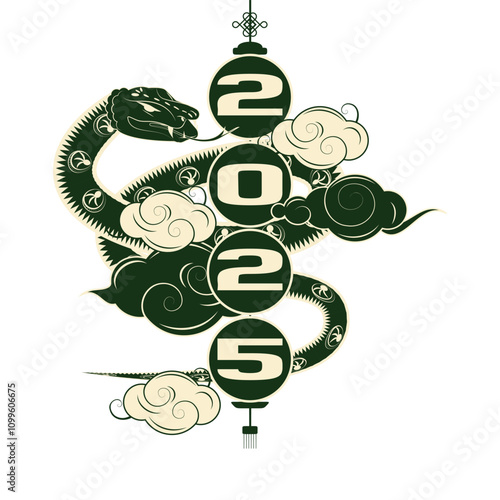 Chinese New Year 2025 banner featuring a snake around a lantern, clouds, and lunar theme