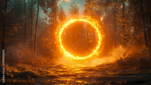Mysterious fiery ring illuminates forest clearing at dusk