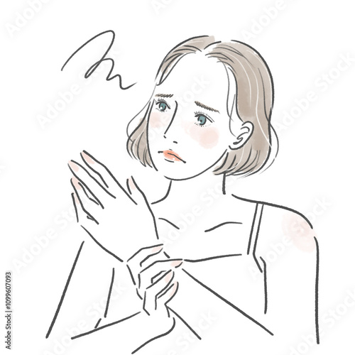 手を見て悩んでいる顔をしている若い女性の上半身