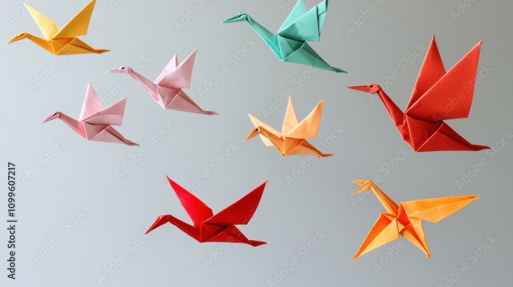 Fototapeta premium A detailed shot of diverse origami cranes in flight against a plain backdrop, Symbolizing diverse aspirations and the beauty of inclusiveness, minimalist style