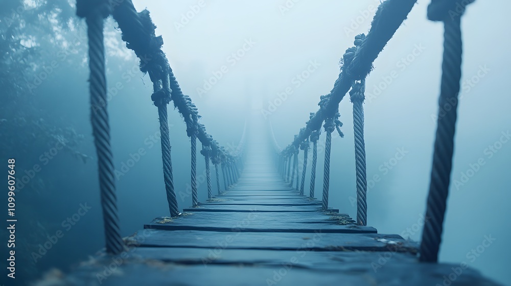 Fototapeta premium Wooden Suspension Bridge Receding Into Misty Fog