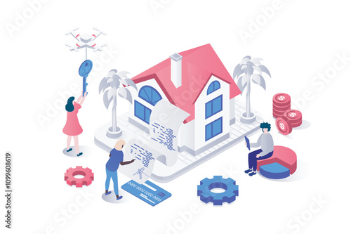 Mortgage investment 3d isometric concept in geometry graphic design for web. People buying new home, concluding property money contract with bank and investing in real estate. Vector illustration.