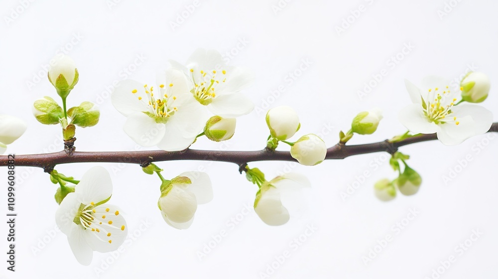 Obraz premium Spring coming to life with fresh flowers, vibrant greenery, and new growth on a white background, symbolizing renewal, rejuvenation, and the beauty of the season in a clean and minimalist design.