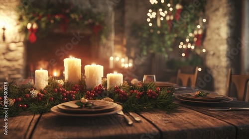 Festive Christmas Table Setting With Candles And Decorations
