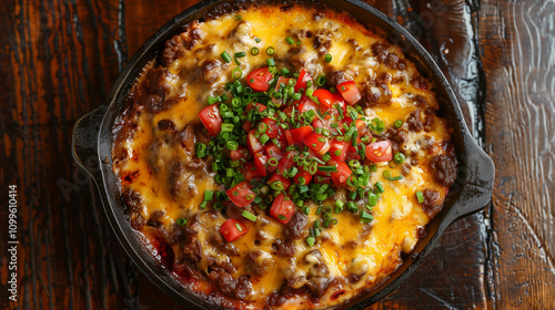 Spicy bobotie topped with fresh tomatoes and spring onions in a cast iron skillet on wooden table photo