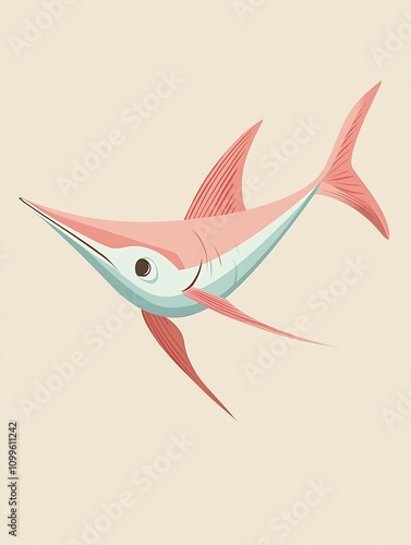 Cute Stylized Swordfish Swimming Quickly in Vibrant Colors on Minimal Background photo