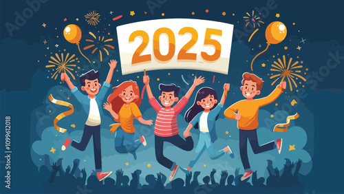 illustration of a teenagers happily welcoming New Year's Eve, they uphold the number 2025