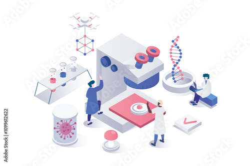 Science laboratory 3d isometric concept in geometry graphic design for web. People working with microscope, making scientific research in lab flask and tubes, creating vaccines. Vector illustration.