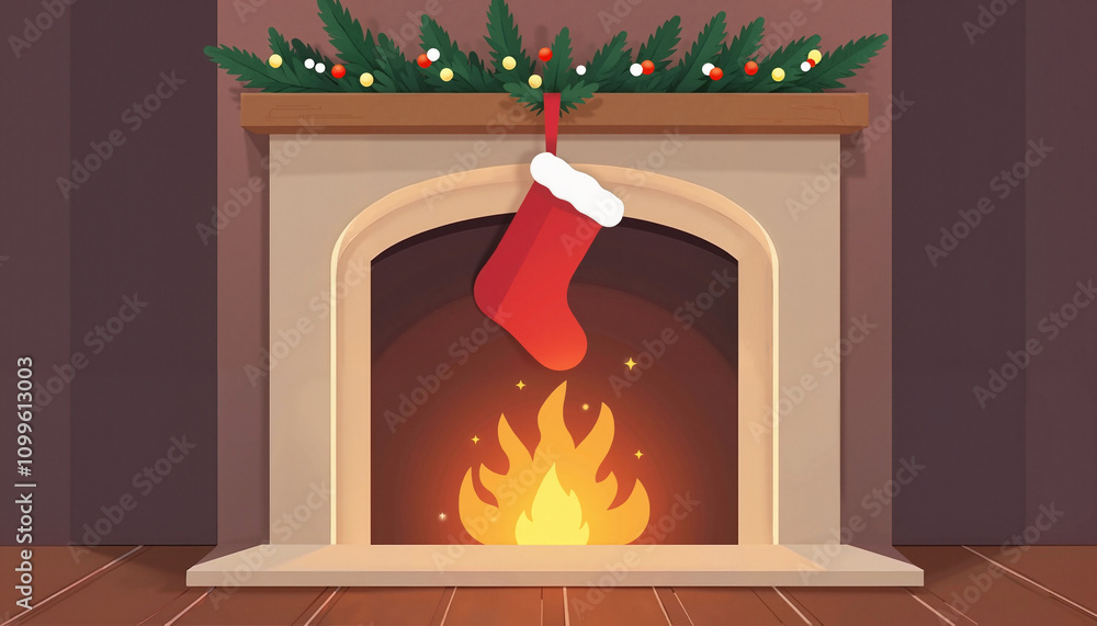 Fototapeta premium Christmas card featuring a cozy fireplace with Santa's boot and festive decorations against a warm. inviting backaround