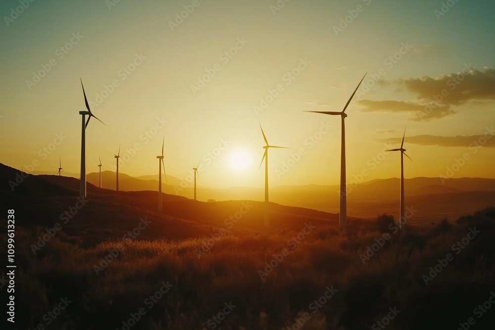 Obraz premium A field of wind turbines with the sun setting behind them