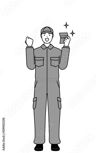 A mechanic in coveralls who is pleased to see a bankbook.